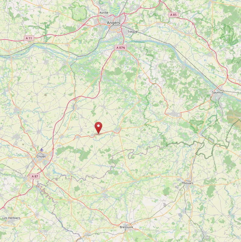 Carte de situation du Moulin de la Noue Ronde, à Coron : Angers au nord, Saumur à l’est, Cholet à l’ouest, Bressuire et Thouars au sud